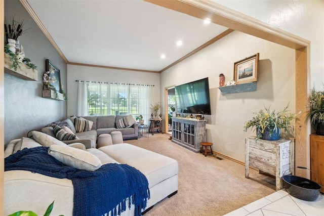 11700 Hackney Ln, Yukon, OK 73099 - carpeted living area featuring ornamental molding, recessed lighting, and tile patterned floors