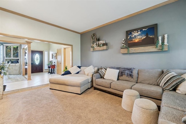 11700 Hackney Ln, Yukon, OK 73099 - carpeted living area with decorative columns, crown molding, and tile patterned flooring