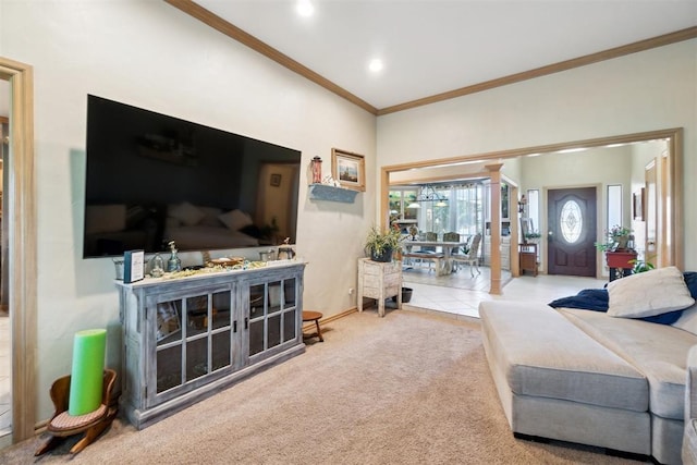 11700 Hackney Ln, Yukon, OK 73099 - carpeted living room featuring crown molding, recessed lighting, and baseboards