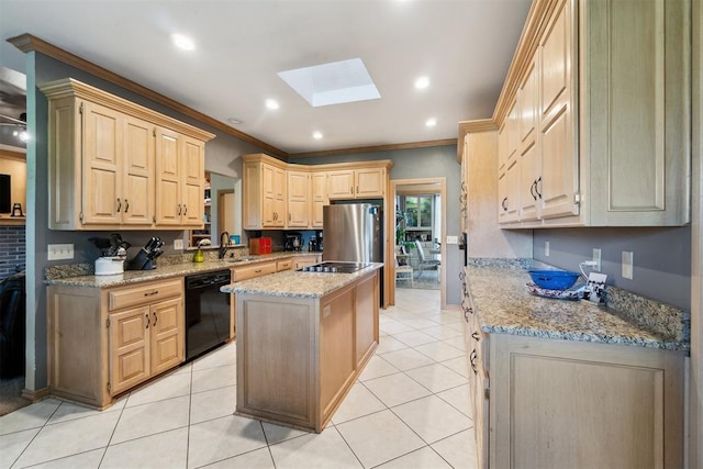 11700 Hackney Ln, Yukon, OK 73099 - kitchen with black appliances, light brown cabinetry, a skylight, crown molding, and a kitchen island