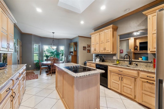 11700 Hackney Ln, Yukon, OK 73099 - kitchen with a sink, black appliances, light brown cabinets, a kitchen island, and light tile patterned floors
