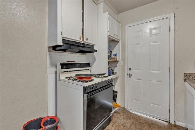 208 E Lockheed Dr, Midwest City, OK 73110 - kitchen with white gas range oven, under cabinet range hood, white cabinets, and light countertops