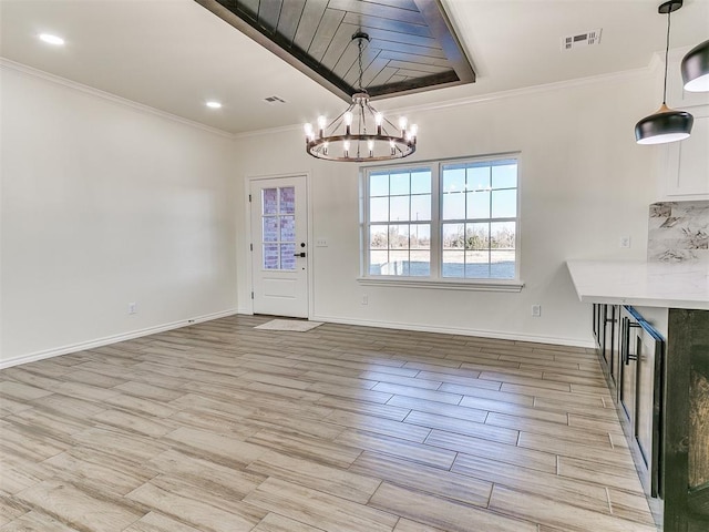26603 Main St, Blanchard, OK 73010 - unfurnished dining area with a chandelier, light wood-style floors, ornamental molding, baseboards, and recessed lighting
