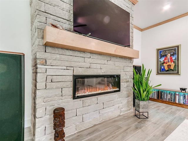 13001 Broken Arrow, Arcadia, OK 73007 - detailed view of a fireplace, ornamental molding, wood finished floors, and baseboards