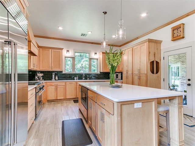 13001 Broken Arrow, Arcadia, OK 73007 - kitchen featuring high quality appliances, light brown cabinets, tasteful backsplash, light wood-style floors, and a center island