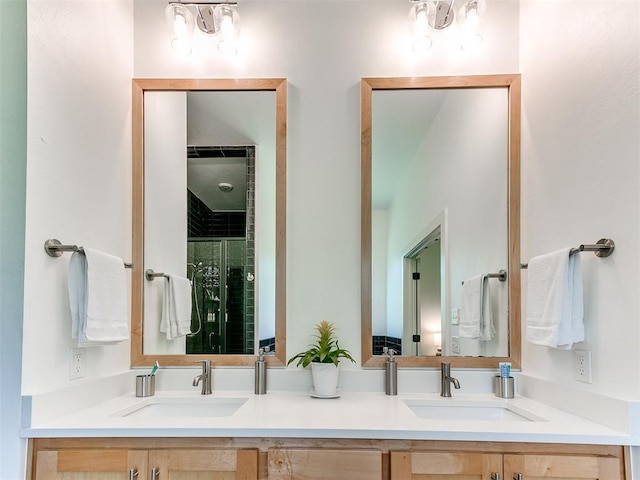 13001 Broken Arrow, Arcadia, OK 73007 - bathroom with double vanity and a stall shower