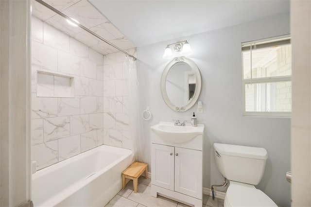 4120 SE 112th St, Moore, OK 73160 - bathroom featuring toilet, vanity, shower / tub combo, and tile patterned flooring