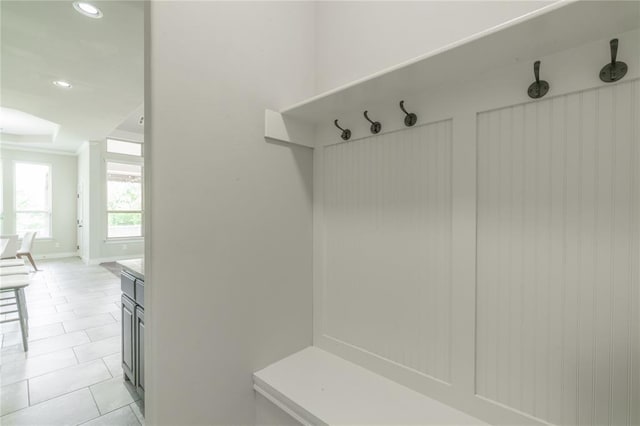 1417 Cordgrass Ct, Edmond, OK 73013 - mudroom with baseboards, recessed lighting, and light tile patterned flooring