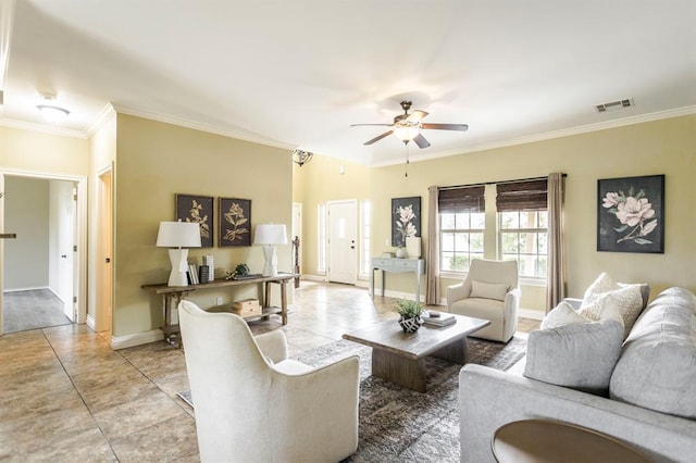 17504 Silverhawk Way, Edmond, OK 73012 - living room with ornamental molding, ceiling fan, light tile patterned floors, and baseboards