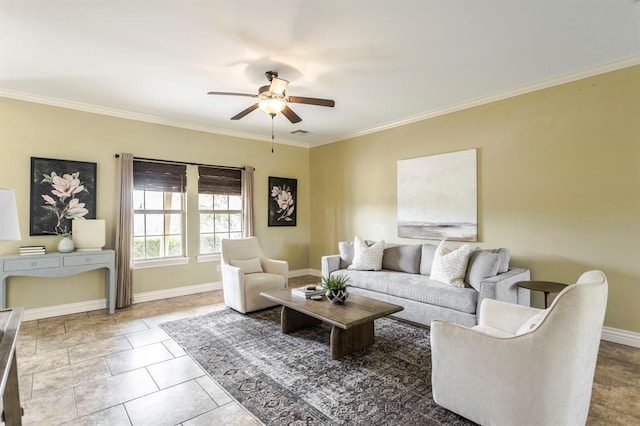 17504 Silverhawk Way, Edmond, OK 73012 - living area featuring a ceiling fan, ornamental molding, and baseboards