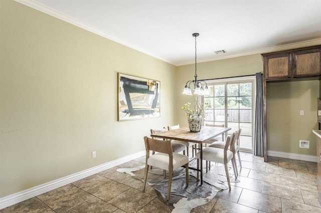 17504 Silverhawk Way, Edmond, OK 73012 - dining room with baseboards, crown molding, a chandelier, and stone tile flooring
