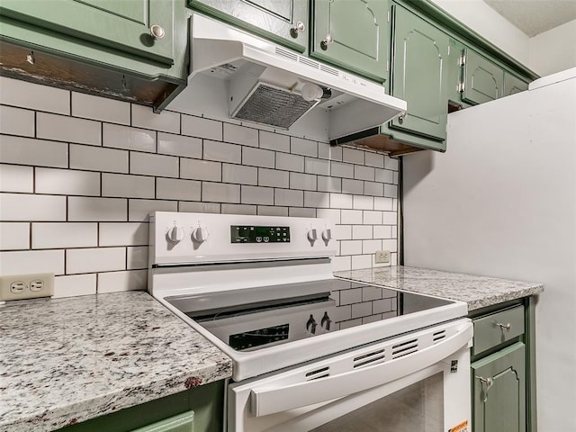 16687 SE 16th St, Choctaw, OK 73020 - kitchen featuring green cabinets, white electric range, under cabinet range hood, decorative backsplash, and light countertops