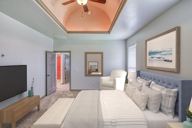 3024 Wakefield Rd, Edmond, OK 73034 - bedroom featuring a raised ceiling, light colored carpet, and ceiling fan