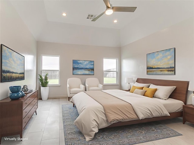 8525 Maple Creek Rd, Arcadia, OK 73007 - bedroom featuring multiple windows, a ceiling fan, recessed lighting, and light tile patterned floors