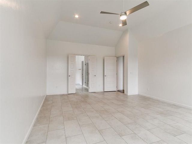 8525 Maple Creek Rd, Arcadia, OK 73007 - unfurnished bedroom featuring vaulted ceiling, light tile patterned floors, a ceiling fan, and recessed lighting
