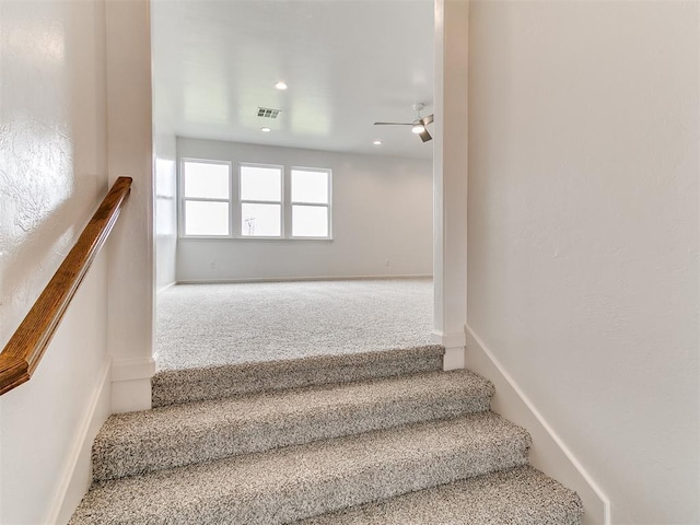 8525 Maple Creek Rd, Arcadia, OK 73007 - stairs featuring carpet, ceiling fan, recessed lighting, and baseboards
