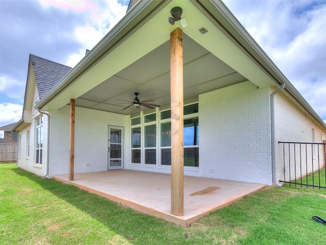 8525 Maple Creek Rd, Arcadia, OK 73007 - rear view of house featuring brick siding, a patio, a ceiling fan, and a shingled roof