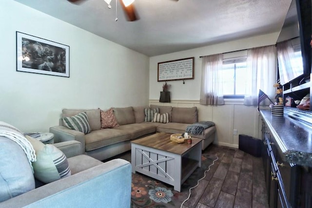 5704 N Warren Ave, Oklahoma City, OK 73112 - living room with ceiling fan and dark wood finished floors