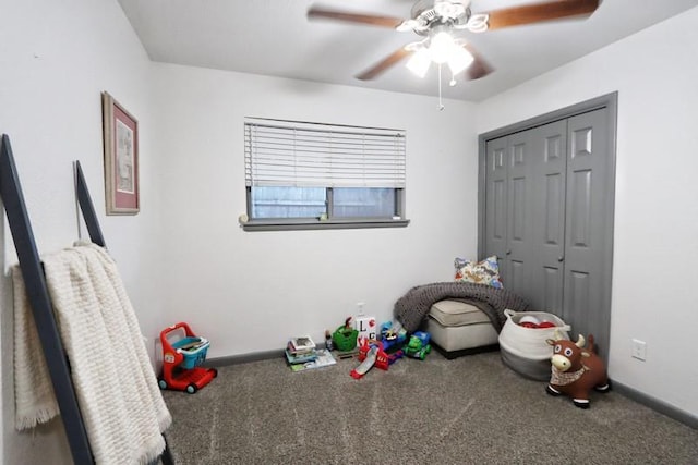 5704 N Warren Ave, Oklahoma City, OK 73112 - rec room with a ceiling fan, carpet flooring, and baseboards