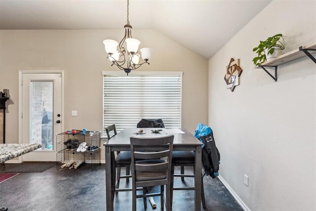 1012 SW 13th St, Moore, OK 73160 - dining space featuring a chandelier, lofted ceiling, baseboards, and concrete floors