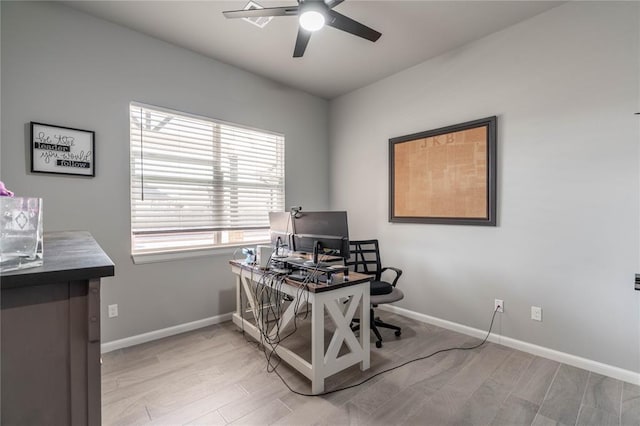 5808 Ledgestone Dr, Mustang, OK 73064 - office space with ceiling fan, baseboards, and light wood-type flooring
