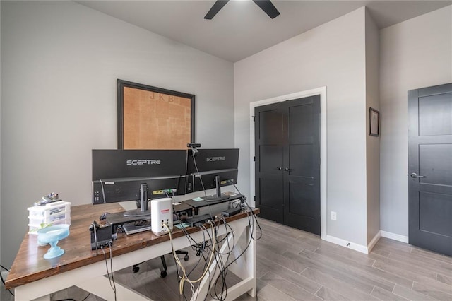 5808 Ledgestone Dr, Mustang, OK 73064 - office featuring a ceiling fan, wood tiled floors, and baseboards