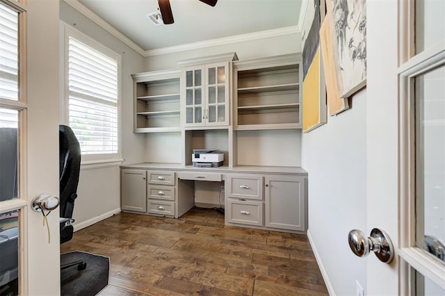 1508 Station St, Edmond, OK 73034 - unfurnished office with crown molding, a ceiling fan, dark wood finished floors, and built in study area