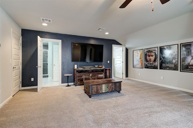 1508 Station St, Edmond, OK 73034 - living room with ceiling fan, carpet floors, vaulted ceiling, and recessed lighting