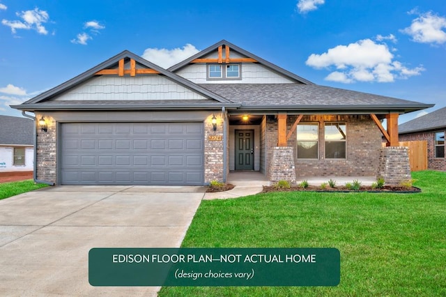 409 Pergola St, Yukon, OK 73099 - craftsman-style house with a front yard, driveway, an attached garage, a porch, and brick siding