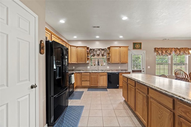 16350 SW 15th St, Yukon, OK 73099 - kitchen with black appliances, open shelves, light tile patterned flooring, a sink, and recessed lighting
