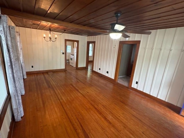 408 N Findlay St, Norman, OK 73071 - unfurnished living room featuring wood-type flooring, a chandelier, wooden ceiling with exposed beams, wood walls, and baseboards