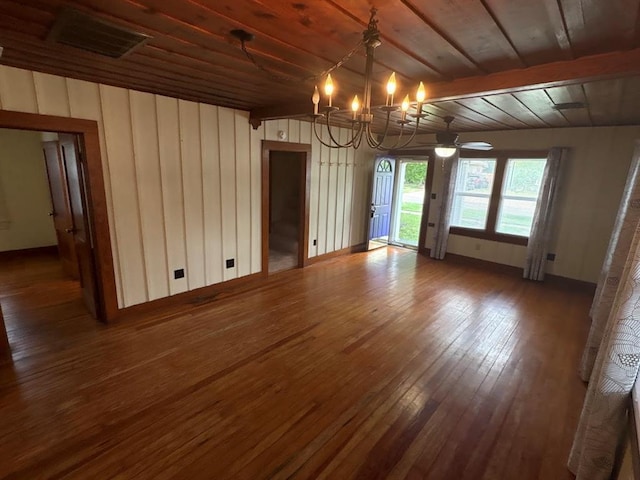 408 N Findlay St, Norman, OK 73071 - spare room featuring a chandelier, wood-type flooring, wood ceiling, baseboards, and wood walls