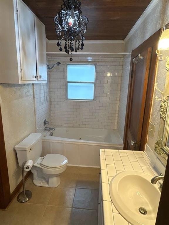408 N Findlay St, Norman, OK 73071 - full bath featuring toilet, wooden ceiling, tile patterned floors, shower / bath combination, and crown molding