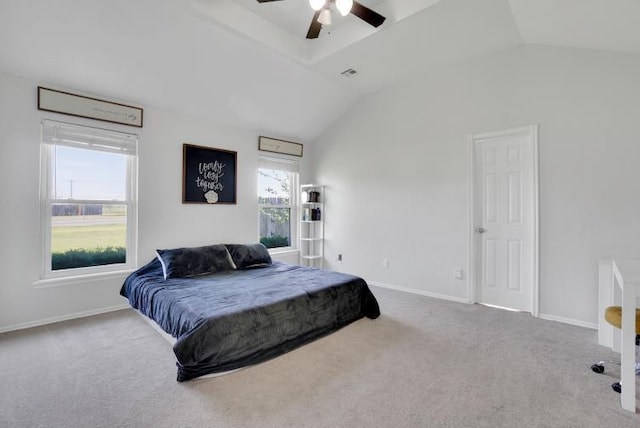 2 NW Havenshire Cir, Lawton, OK 73505 - bedroom featuring carpet, vaulted ceiling, baseboards, and a ceiling fan