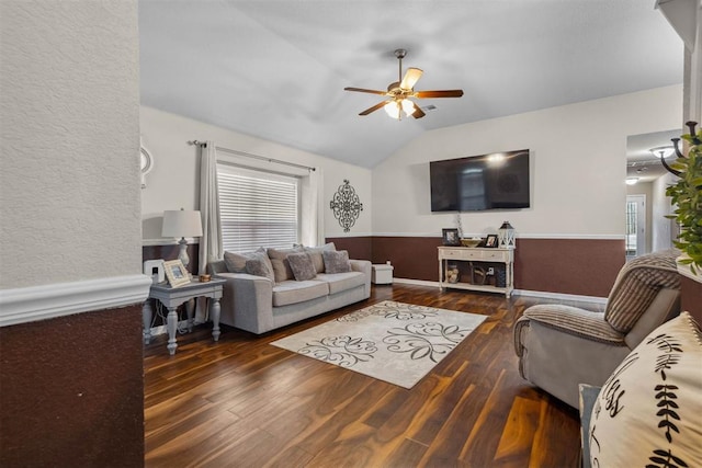 12329 SW 9th Ter, Yukon, OK 73099 - living area with wood finished floors, ceiling fan, and lofted ceiling