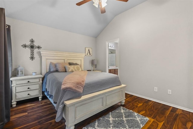 12329 SW 9th Ter, Yukon, OK 73099 - bedroom featuring lofted ceiling, ceiling fan, wood finished floors, baseboards, and connected bathroom