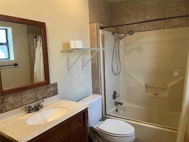 216 N Bk 1600 Rd, Stigler, OK 74462 - full bathroom with toilet, vanity, shower / bath combo with shower curtain, and decorative backsplash