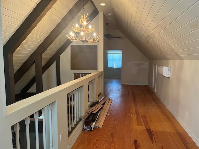 216 N Bk 1600 Rd, Stigler, OK 74462 - additional living space with vaulted ceiling, a chandelier, hardwood / wood-style flooring, wooden ceiling, and ceiling fan