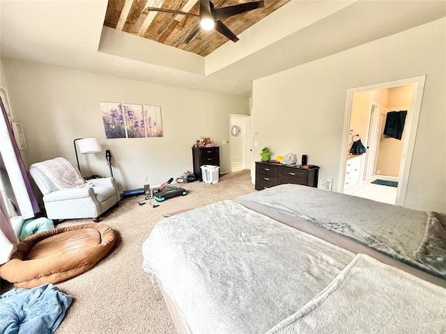 9977 Birkenhead Ct, Yukon, OK 73099 - bedroom featuring wooden ceiling, carpet floors, a tray ceiling, and ceiling fan