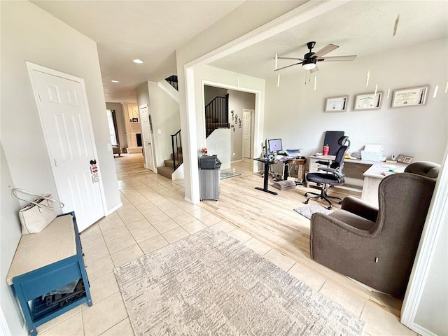 9977 Birkenhead Ct, Yukon, OK 73099 - office featuring light tile patterned flooring, ceiling fan, and recessed lighting
