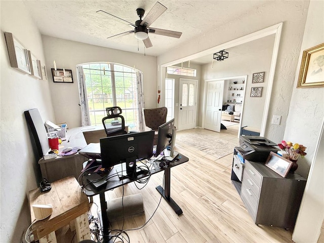 9977 Birkenhead Ct, Yukon, OK 73099 - office space with light wood-type flooring, ceiling fan, a textured ceiling, and a textured wall