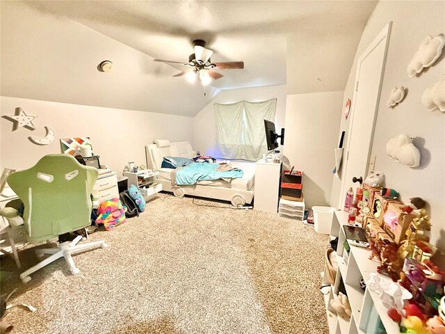 9977 Birkenhead Ct, Yukon, OK 73099 - bedroom featuring vaulted ceiling, ceiling fan, and carpet