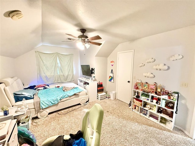 9977 Birkenhead Ct, Yukon, OK 73099 - bedroom with carpet floors, vaulted ceiling, and ceiling fan