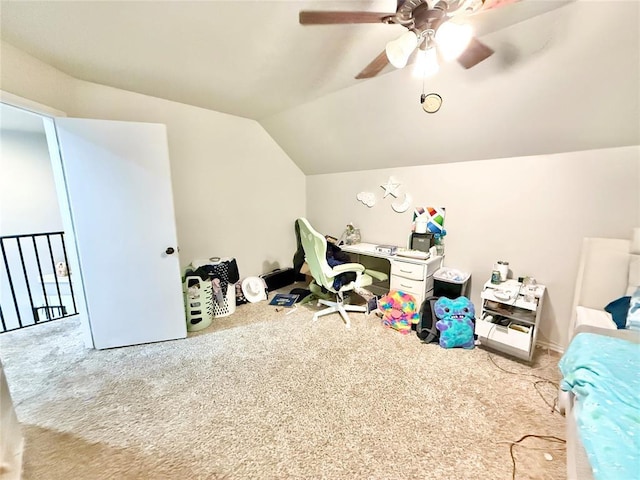9977 Birkenhead Ct, Yukon, OK 73099 - bedroom featuring carpet floors, lofted ceiling, and ceiling fan