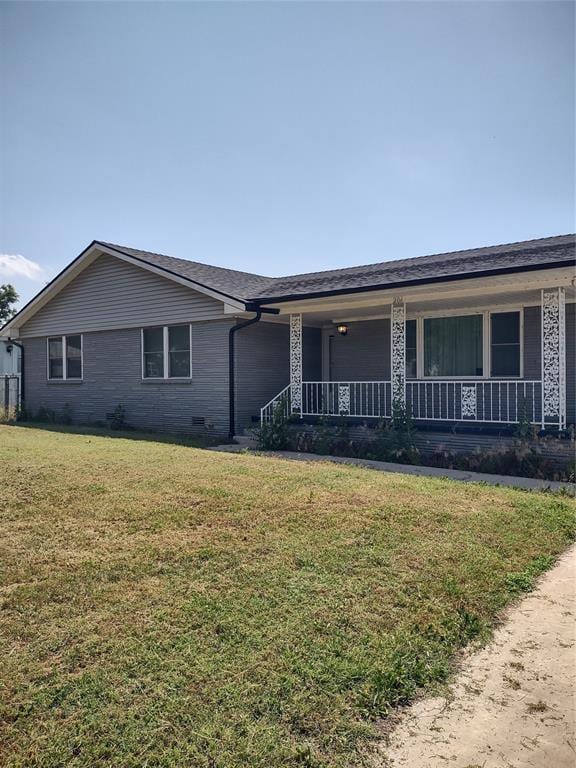 206 6th St, Verden, OK 73092 - ranch-style home with covered porch, a front yard, and brick siding