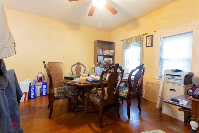 320 W Forest Ave, Eufaula, OK 74432 - dining area featuring a ceiling fan and hardwood / wood-style floors