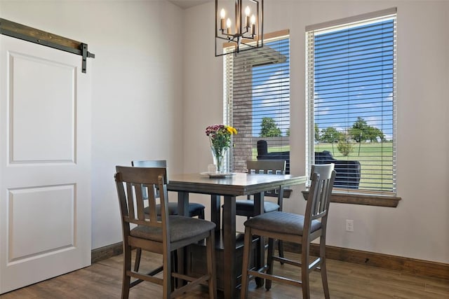 971 County St Unit 2983, Blanchard, OK 73010 - dining room featuring wood finished floors, baseboards, a chandelier, and a barn door
