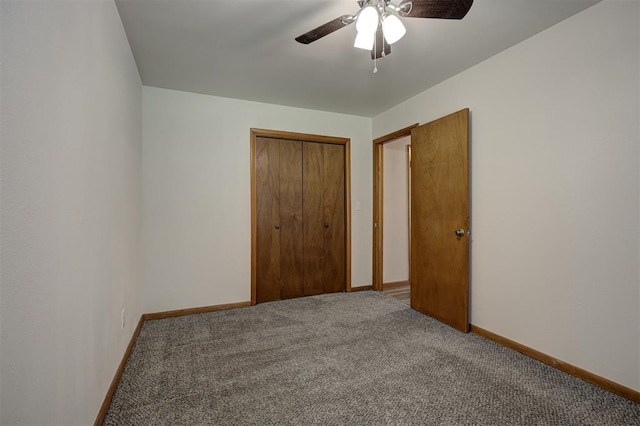 520 SE 47th St, Oklahoma City, OK 73129 - unfurnished bedroom featuring carpet flooring, baseboards, a closet, and a ceiling fan