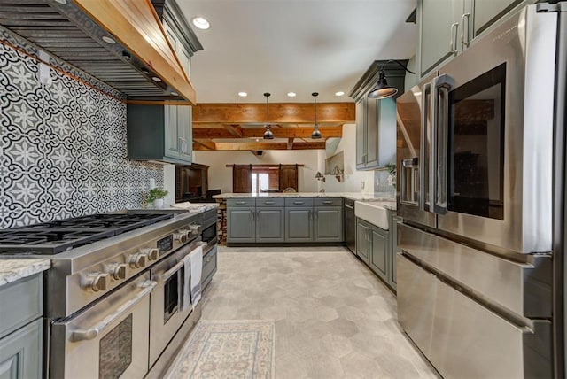 2113 N Gatewood Ave, Oklahoma City, OK 73106 - kitchen featuring premium appliances, premium range hood, gray cabinets, recessed lighting, and backsplash