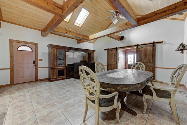 2113 N Gatewood Ave, Oklahoma City, OK 73106 - dining room featuring a barn door, a ceiling fan, light tile patterned floors, wooden ceiling, and baseboards